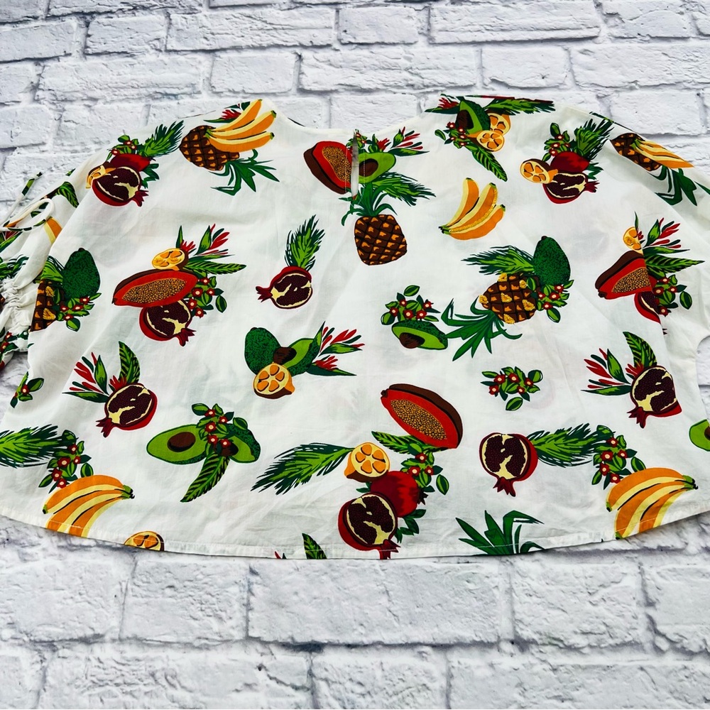 Zara White Cropped Blouse Tropical Fruit Print Medium Bell Sleeve Summer - Picture 7 of 8